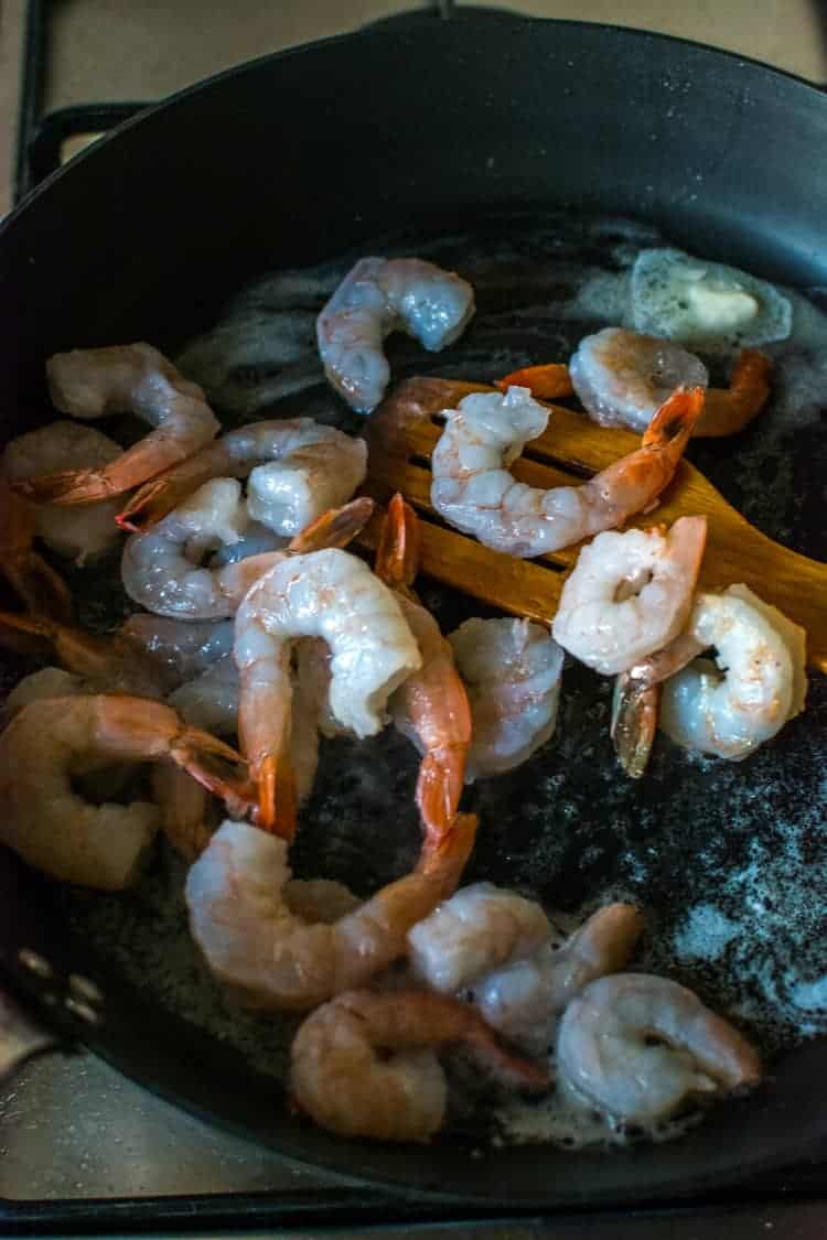 Shrimp and Quinoa in a stone frying pan