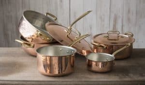 Copper Tri-Ply Cookware Set in rack